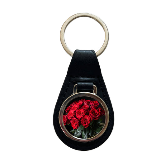 Bouquet Of Red Roses Love Valentine's Day Black Leather Metal Keychain