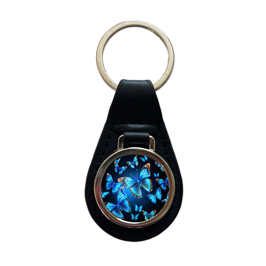 Bright Neon Blue Butterflies Black Leather Metal Keychain
