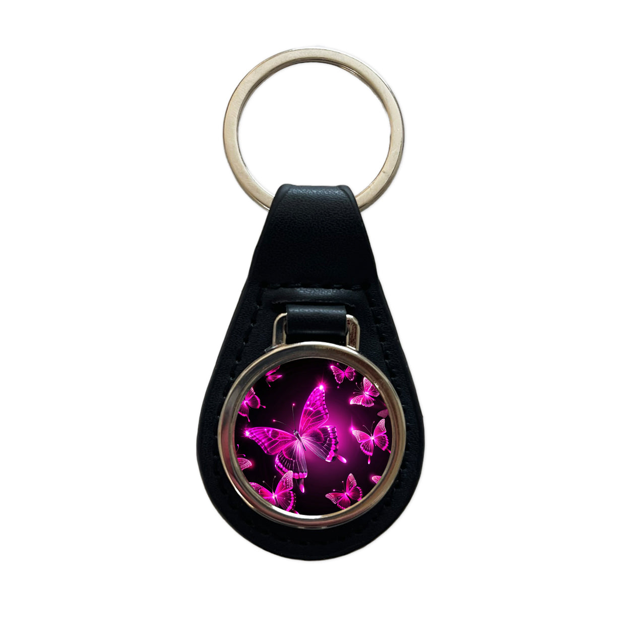 Bright Neon Pink Butterflies Black Leather Metal Keychain