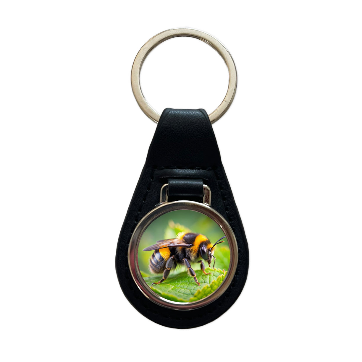 Bumblebee Bee on Leaf Black Leather Metal Keychain