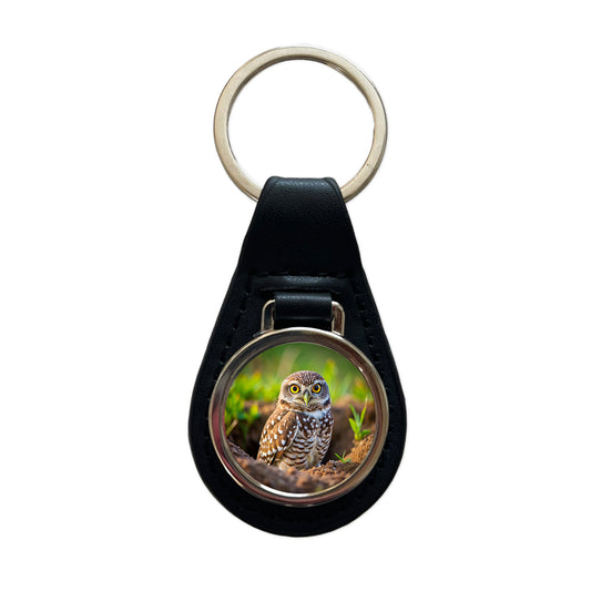 Burrowing Owl Raptor Bird Of Prey Black Leather Metal Keychain