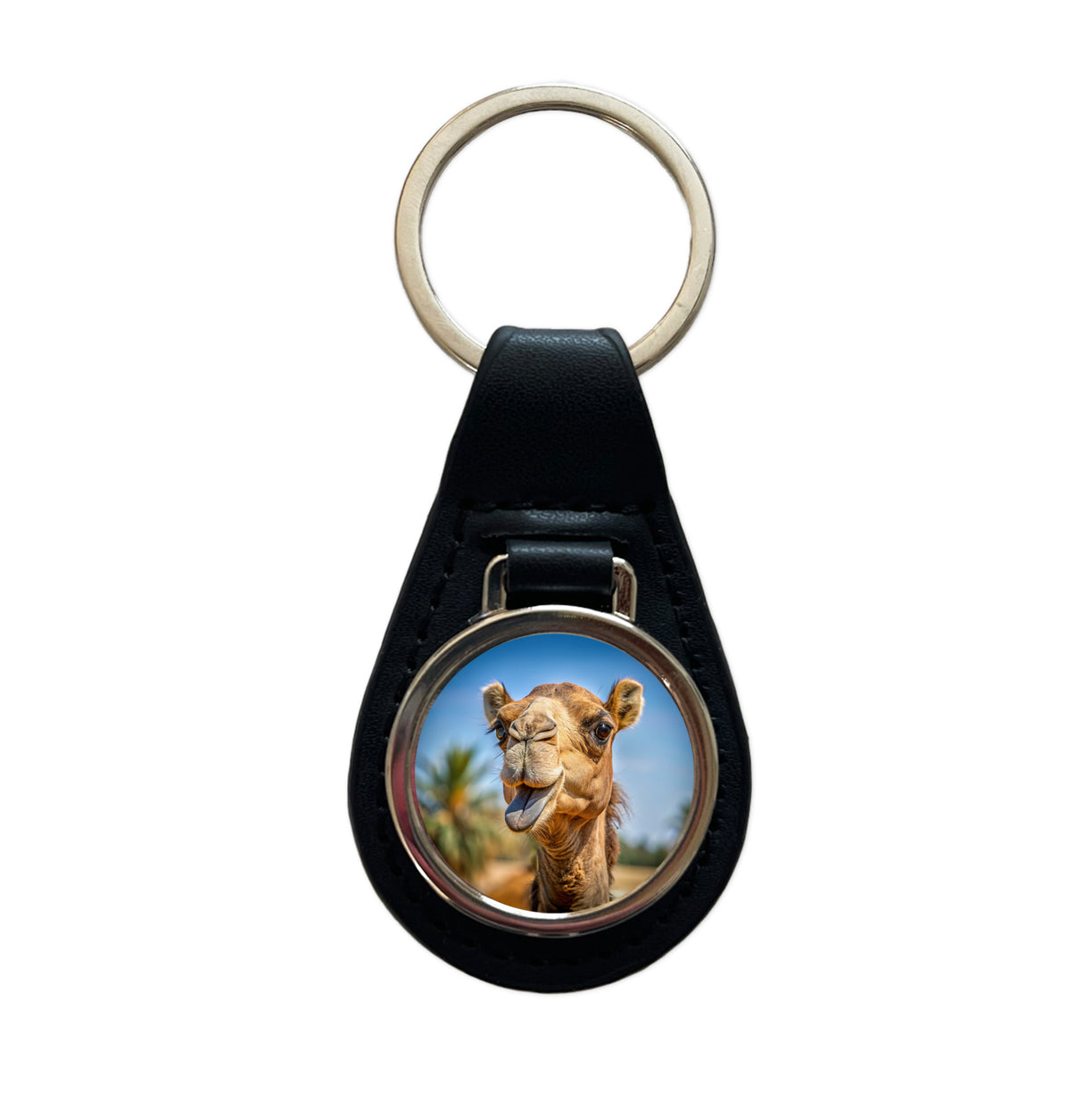 Camel Face With Tongue Sticking Out Black Leather Metal Keychain