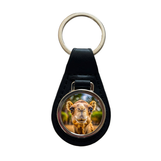 Camel Face Black Leather Metal Keychain