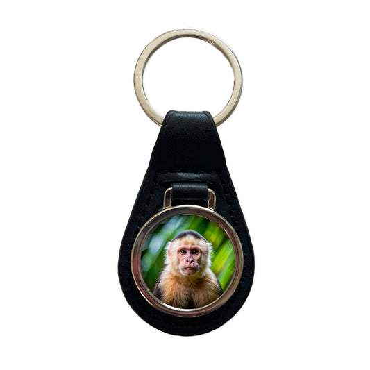 Capuchin Monkey Black Leather Metal Keychain