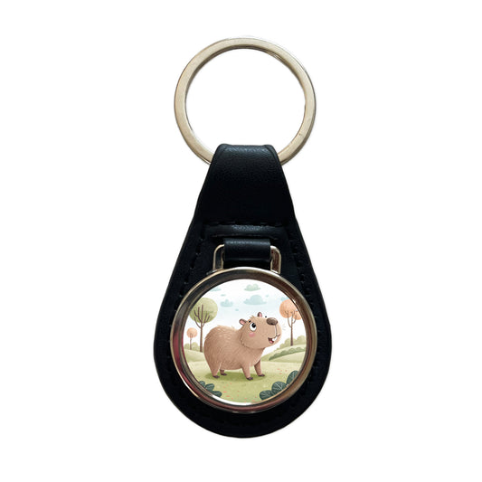 Capybara Children's Illustration Style Black Leather Metal Keychain