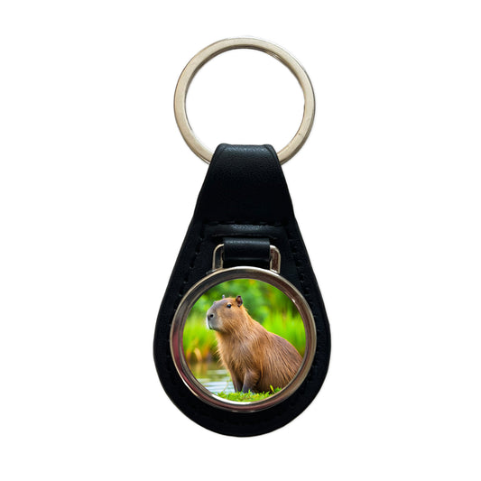 Capybara Black Leather Metal Keychain