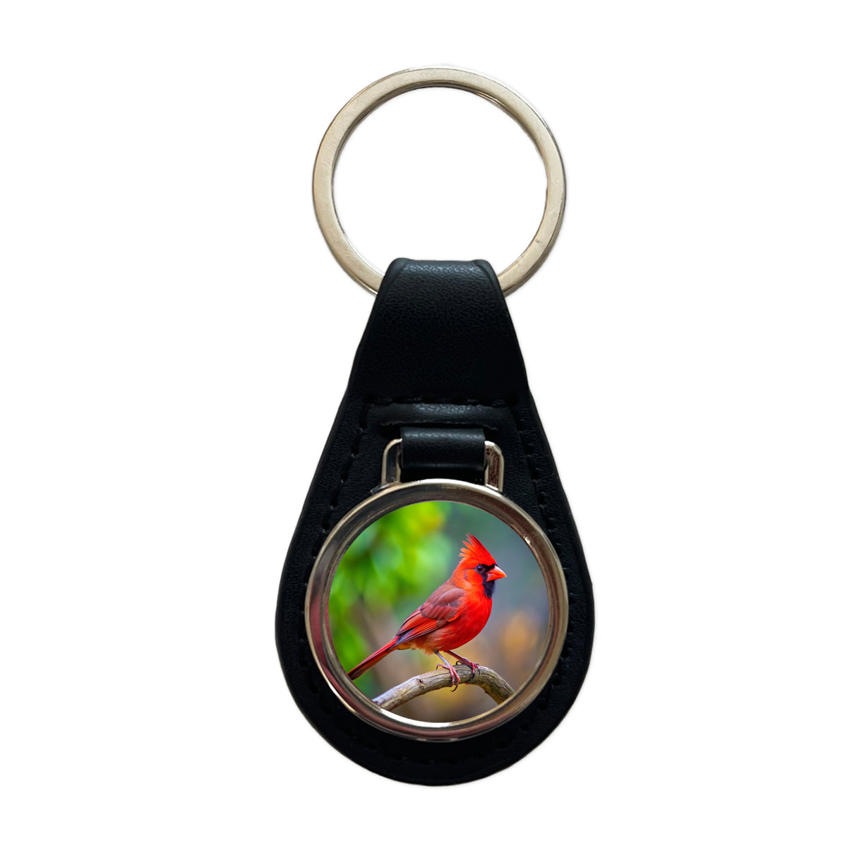 Cardinal Backyard Bird Black Leather Metal Keychain