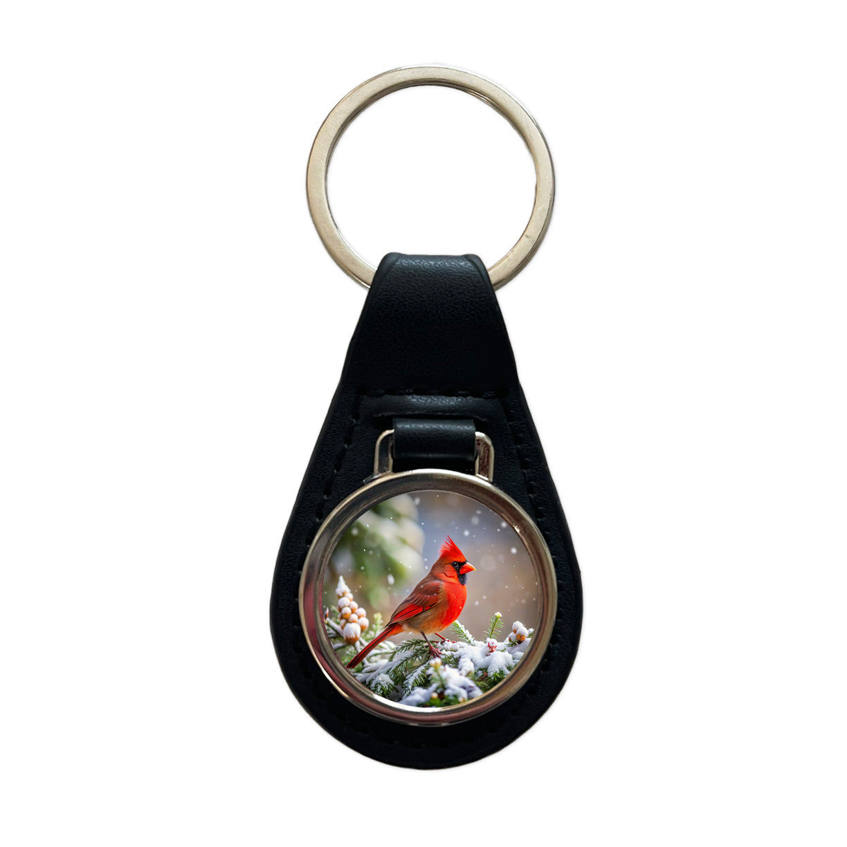 Cardinal In Winter Backyard Bird Black Leather Metal Keychain