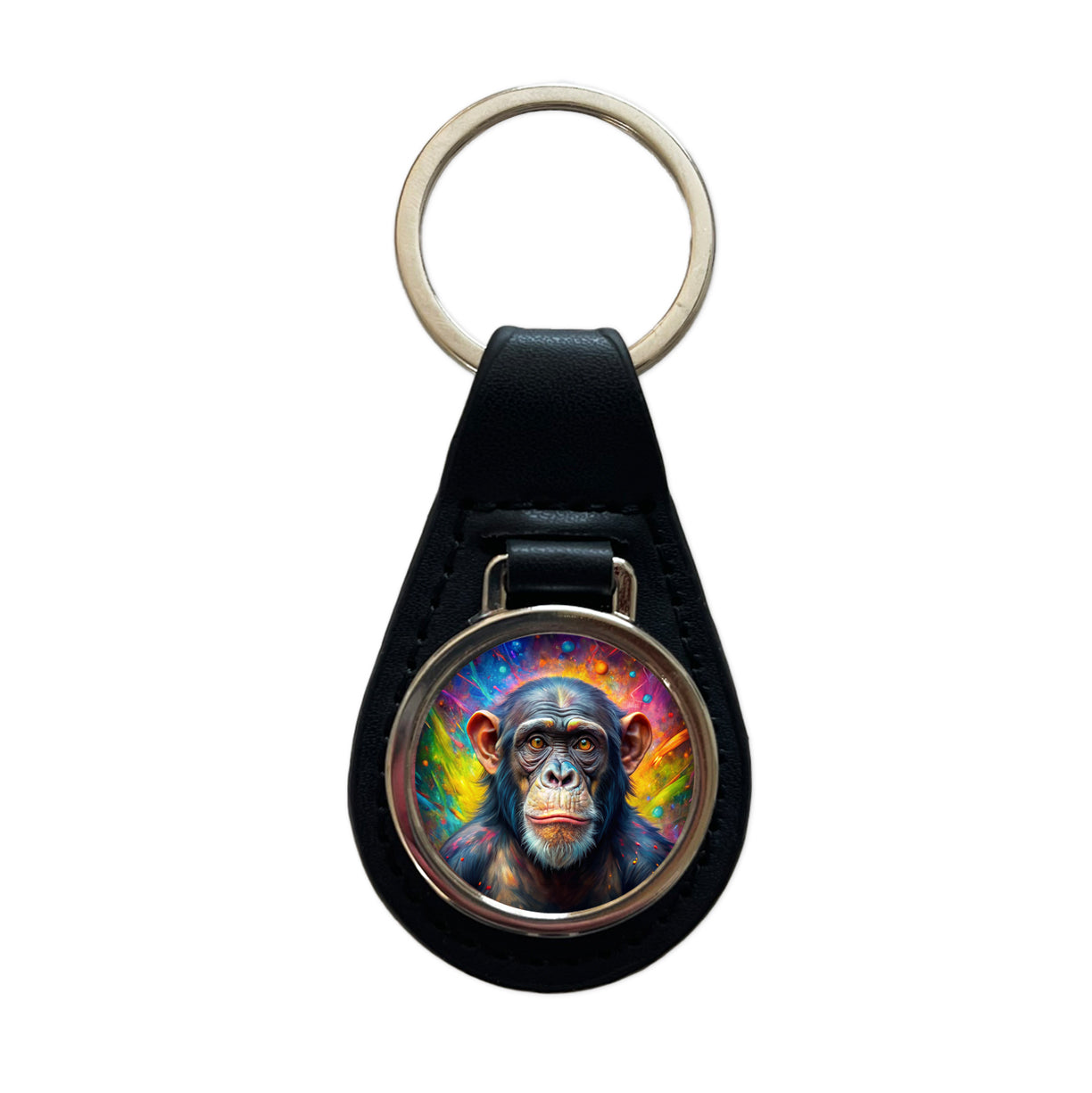 Chimpanzee Monkey Colorful Abstract Art Black Leather Metal Keychain