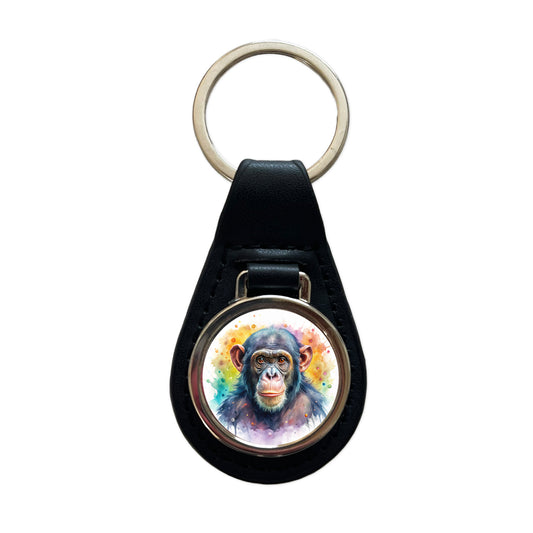 Chimpanzee Monkey Watercolor Black Leather Metal Keychain