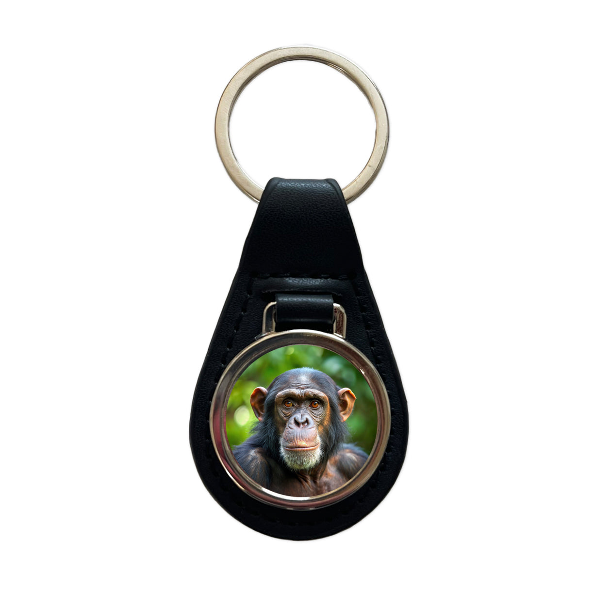 Chimpanzee Monkey Black Leather Metal Keychain