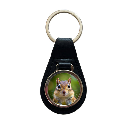Chipmunk Face Black Leather Metal Keychain