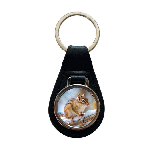 Chipmunk On Branch In Winter Black Leather Metal Keychain