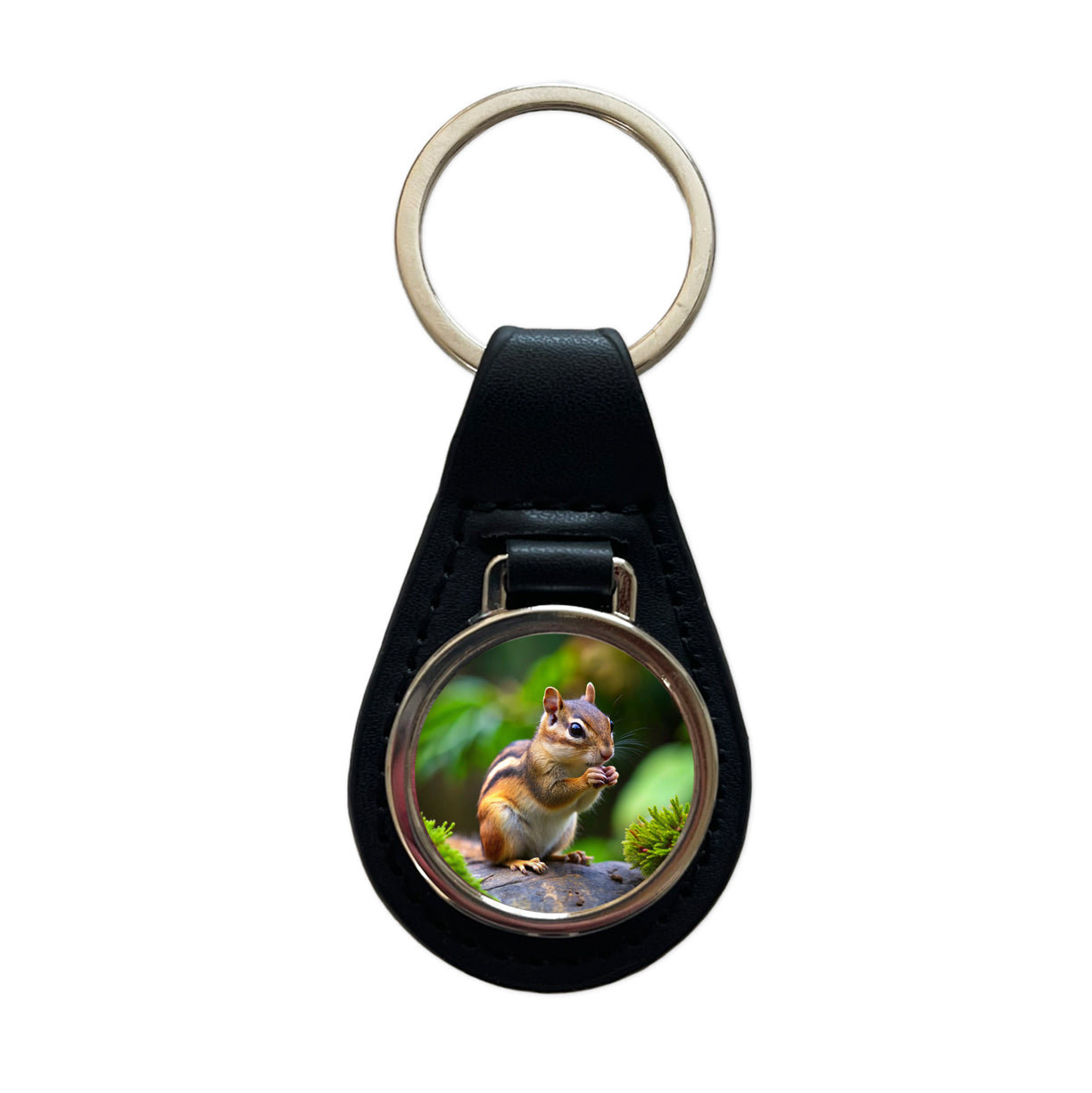 Chipmunk Black Leather Metal Keychain