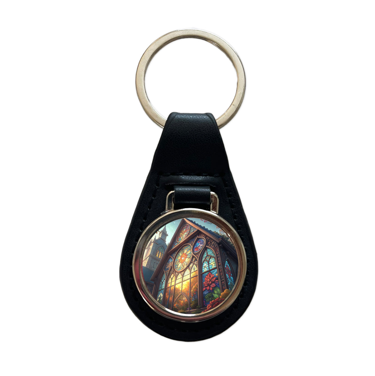 Church Stained Glass Windows Black Leather Metal Keychain