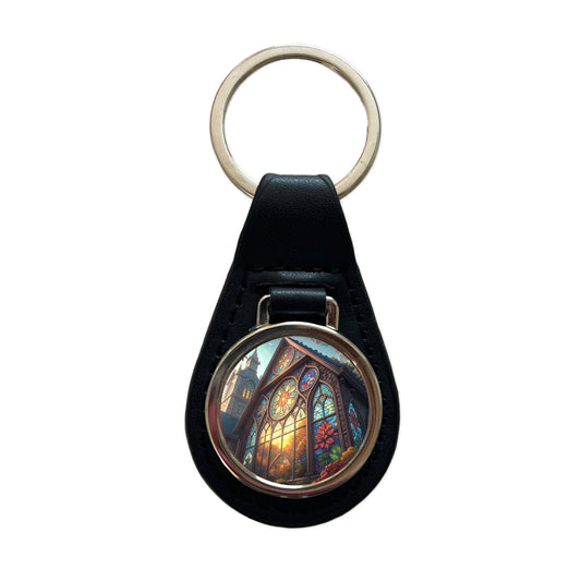 Church Stained Glass Windows Black Leather Metal Keychain
