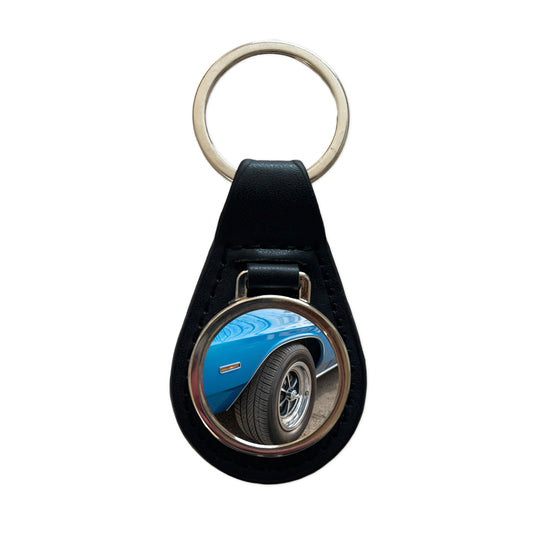Classic Blue Muscle Car Black Leather Metal Keychain