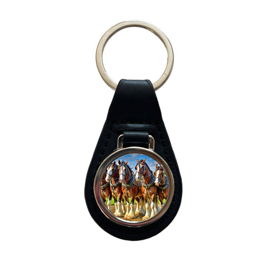 Clydesdale Horses Black Leather Metal Keychain