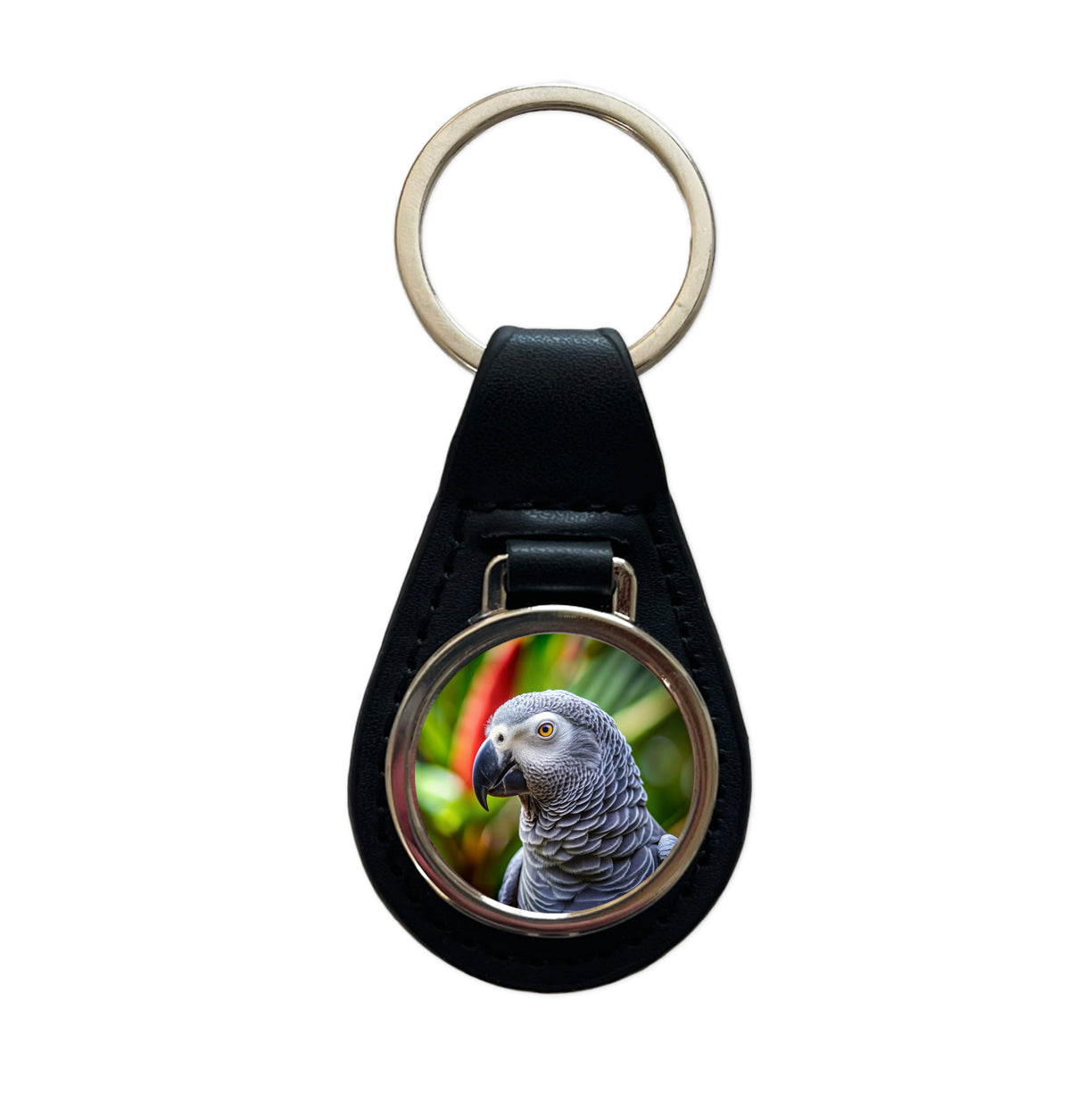 Congo African Grey Parrot Bird Black Leather Metal Keychain