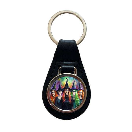 Coven Of Witches Black Watercolor Black Leather Metal Keychain