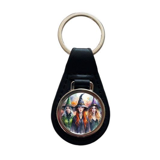 Coven Of Witches Watercolor Black Leather Metal Keychain