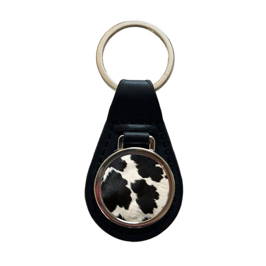 Cow Pattern Black and White Black Leather Metal Keychain