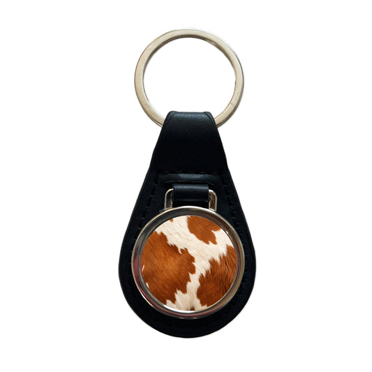 Cow Pattern Brown and White Black Leather Metal Keychain