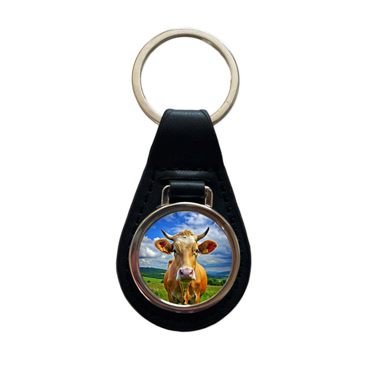 Cow Black Leather Metal Keychain