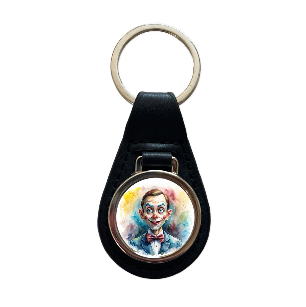 Creepy Ventriloquist Dummy Watercolor Black Leather Metal Keychain