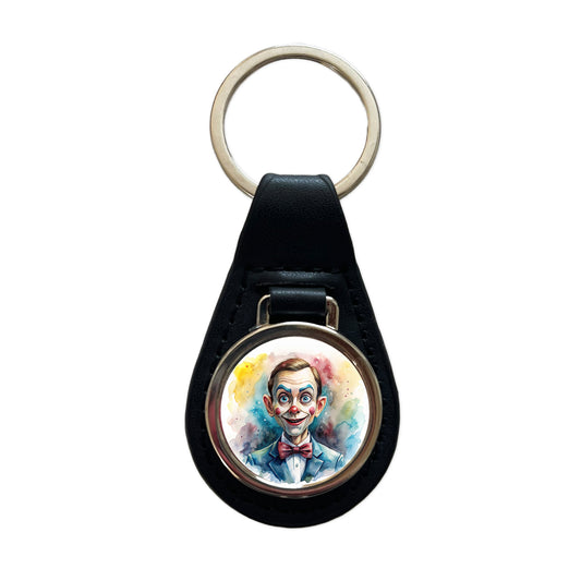 Creepy Ventriloquist Dummy Watercolor Black Leather Metal Keychain