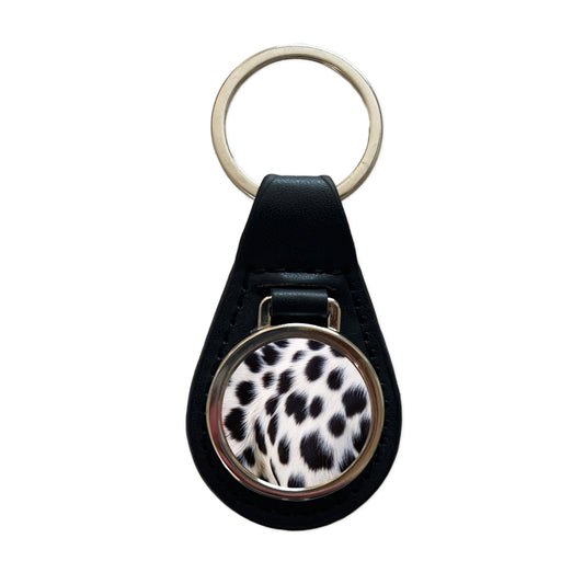 Dalmatian Dog Fur Spotted Pattern Black Leather Metal Keychain