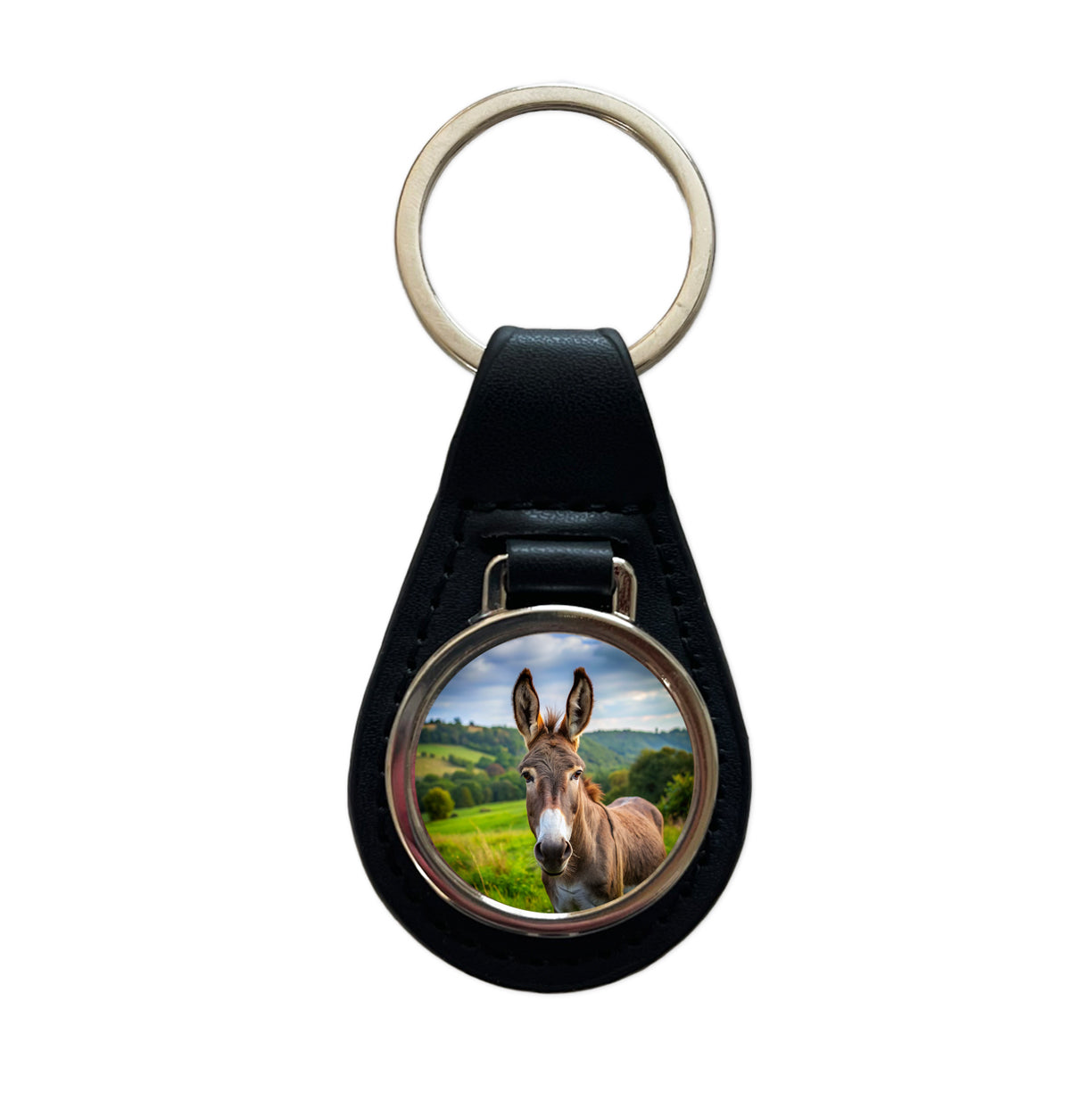 Donkey Black Leather Metal Keychain