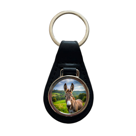 Donkey Black Leather Metal Keychain