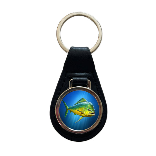 Dorado Fish Black Leather Metal Keychain