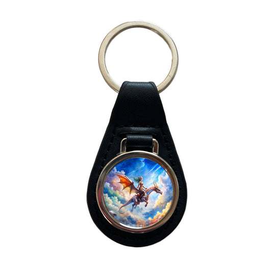 Dragon and Rider Flying Watercolor Black Leather Metal Keychain