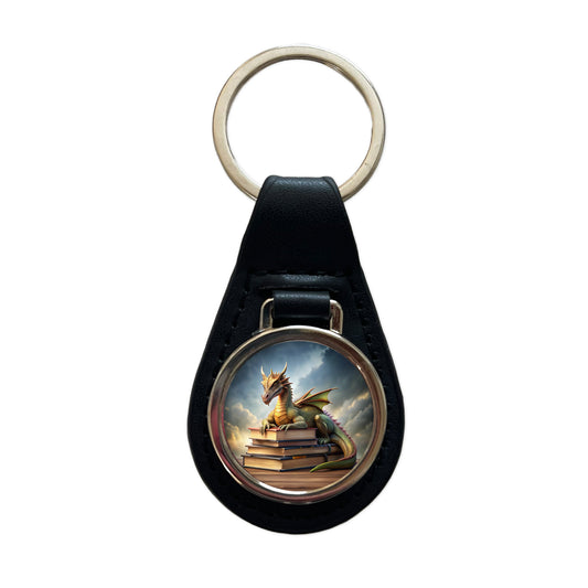Dragon Laying On Top Of Books Reading Black Leather Metal Keychain