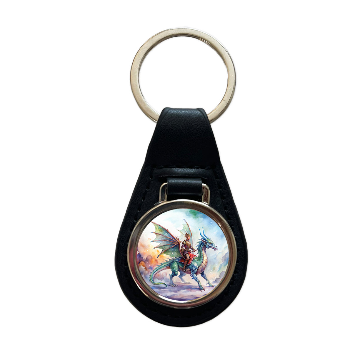 Dragon Rider Watercolor Black Leather Metal Keychain