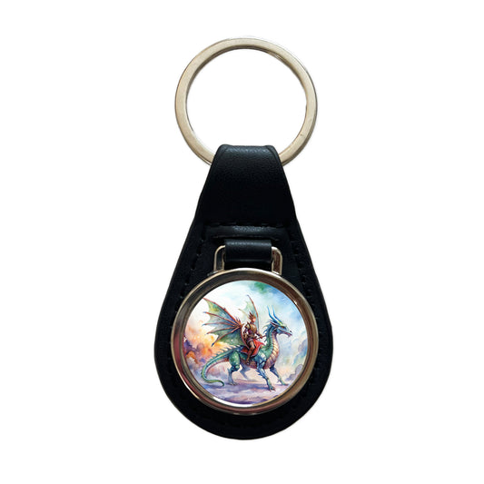 Dragon Rider Watercolor Black Leather Metal Keychain