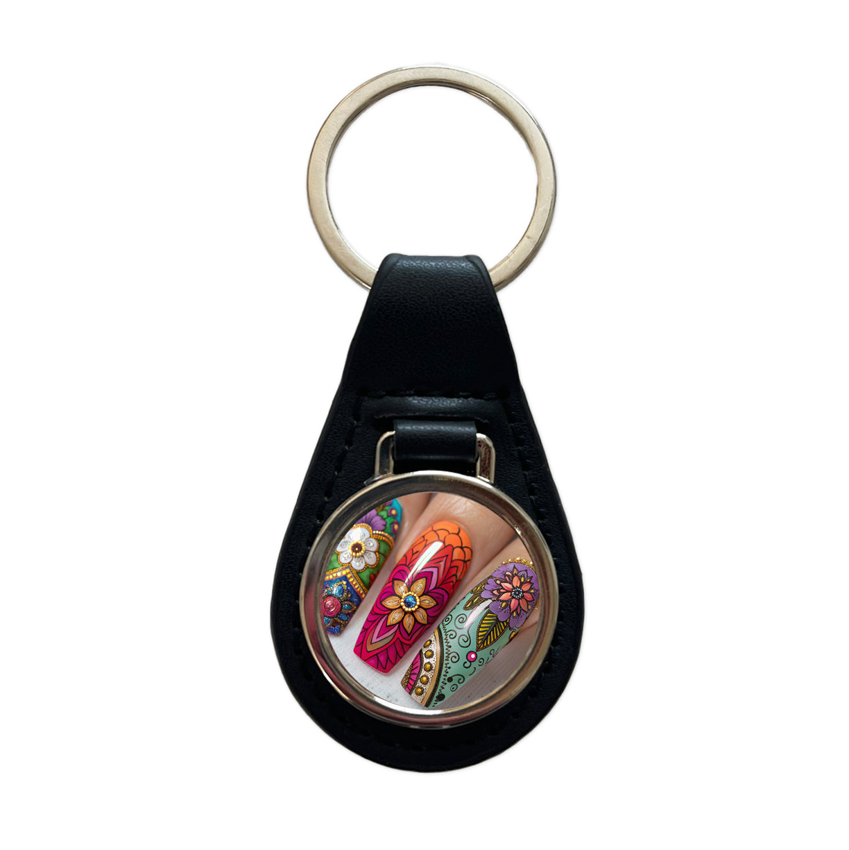 Elaborately Painted Decorated Finger Nails Black Leather Metal Keychain