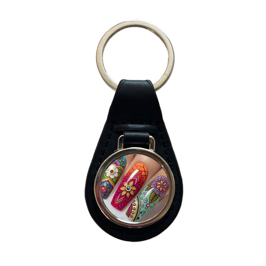Elaborately Painted Decorated Finger Nails Black Leather Metal Keychain