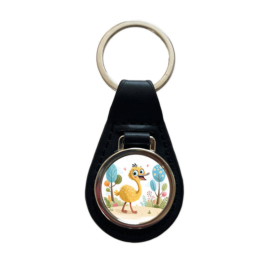 Emu Children's Illustration Style Black Leather Metal Keychain