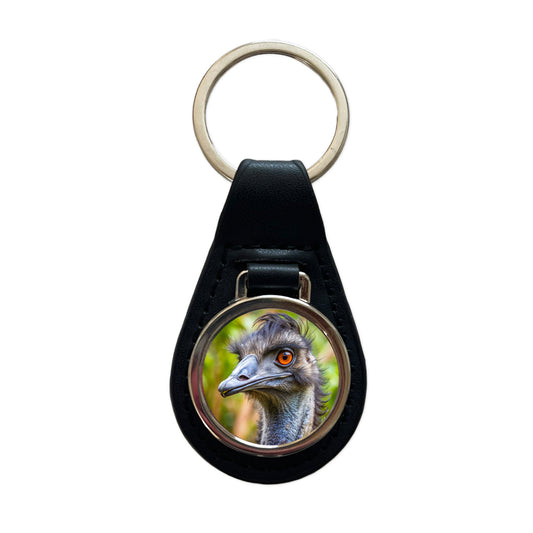 Emu Black Leather Metal Keychain