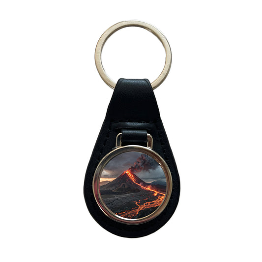 Erupting Volcano With Flowing Lava Black Leather Metal Keychain