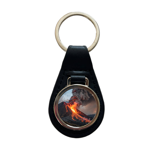 Erupting Volcano with Lava Trails Black Leather Metal Keychain