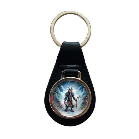 Evil Krampus Black Watercolor Christmas Black Leather Metal Keychain