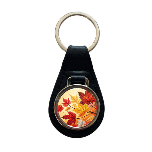 Fall Autumn Leaves Design Black Leather Metal Keychain