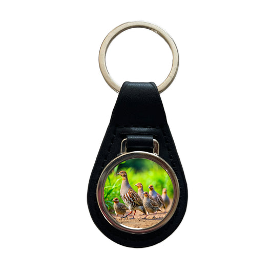 Family Of Partridge Birds Black Leather Metal Keychain