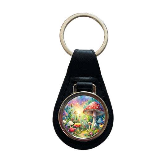 Fantastical Magical Mushroom Garden Watercolor Black Leather Metal Keychain