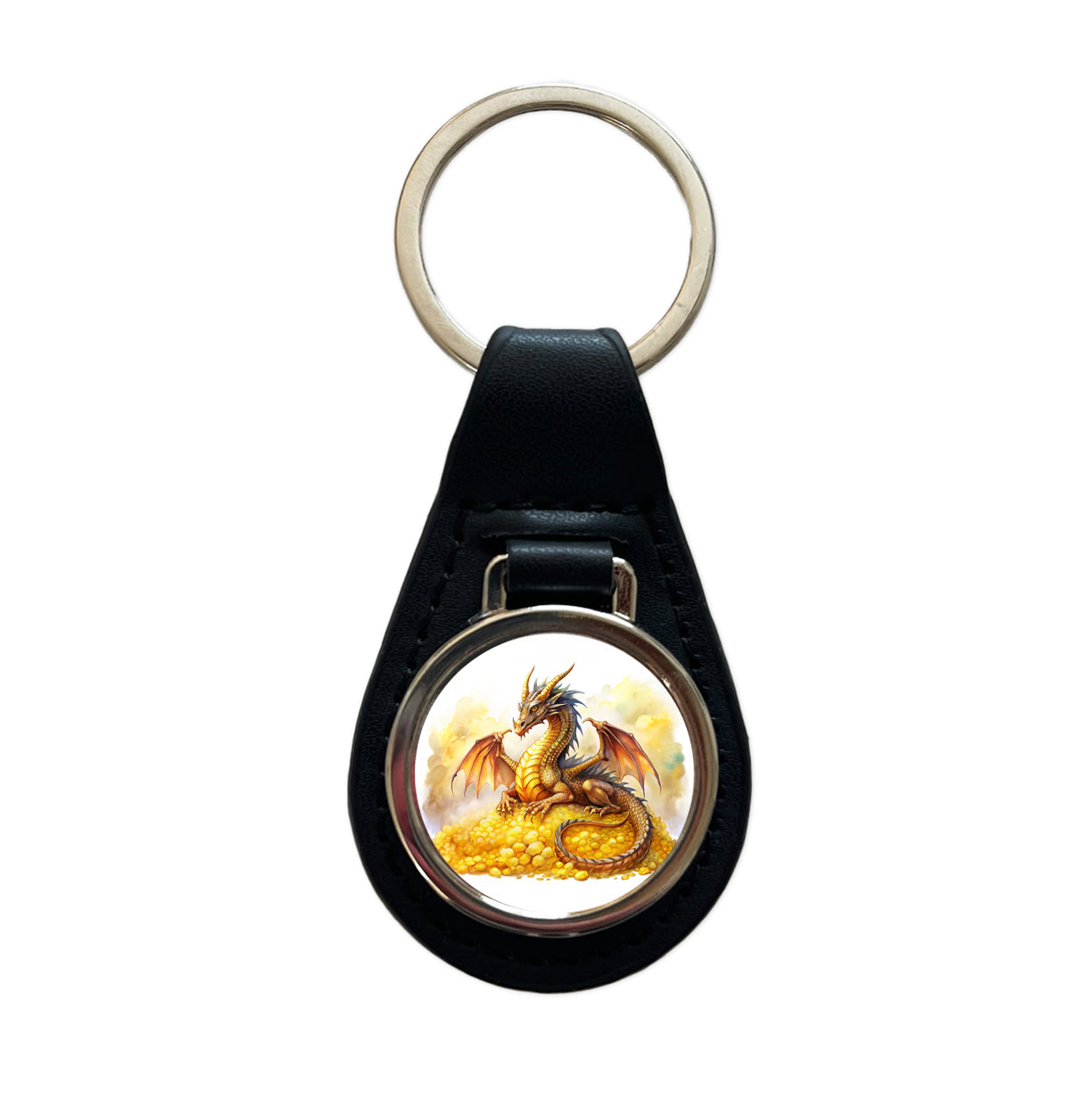 Fantasy Dragon Laying on Gold Watercolor Black Leather Metal Keychain