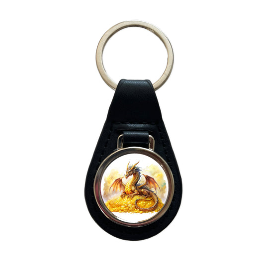 Fantasy Dragon Laying on Gold Watercolor Black Leather Metal Keychain